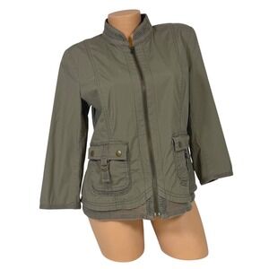 Chico's Olive Green Utility Zip Up Jacket Mesh Trim‎ 3/4 Sleeve Size 1 Medium